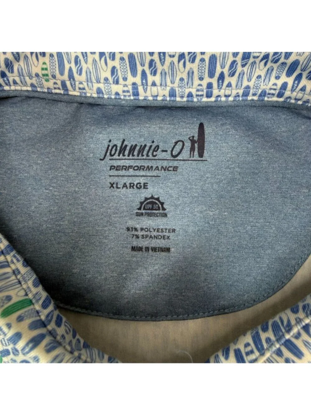 Johnnie O Performance Polo Shirt Blue White Surfboards UPF 50 Mens XL Golf Outd